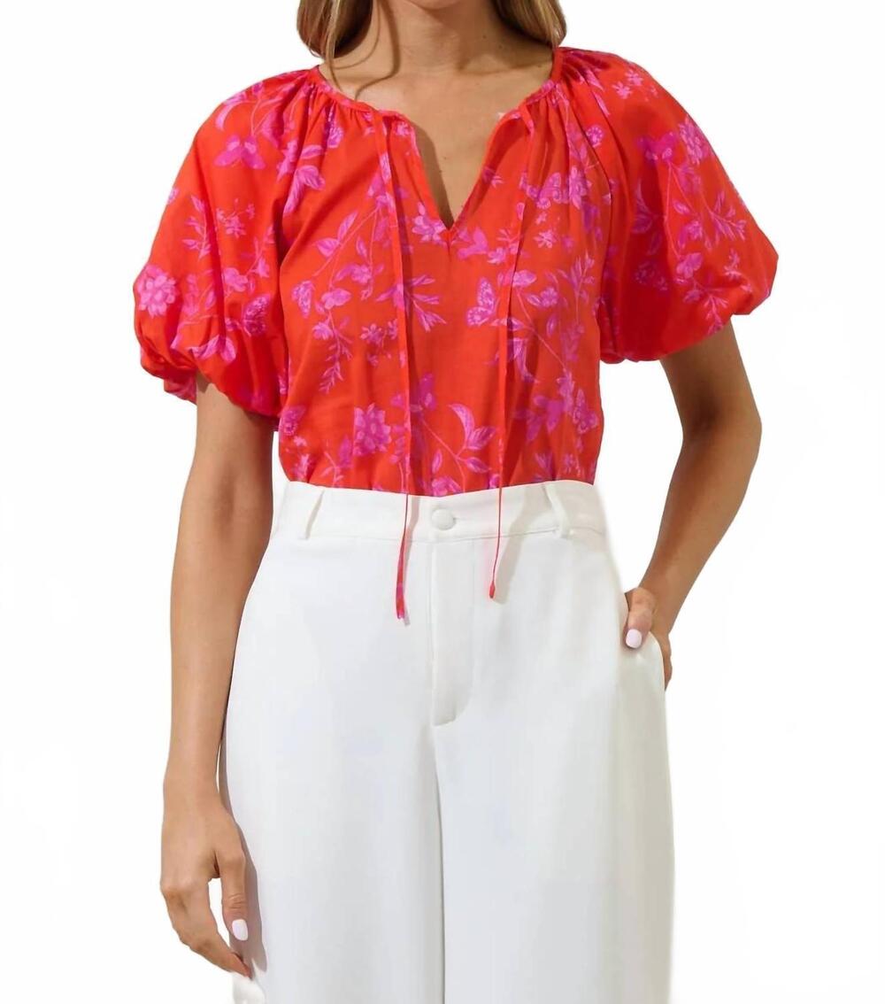 NEW SUGARLIPS fia floral overseas balloon sleeve top in red/ pink